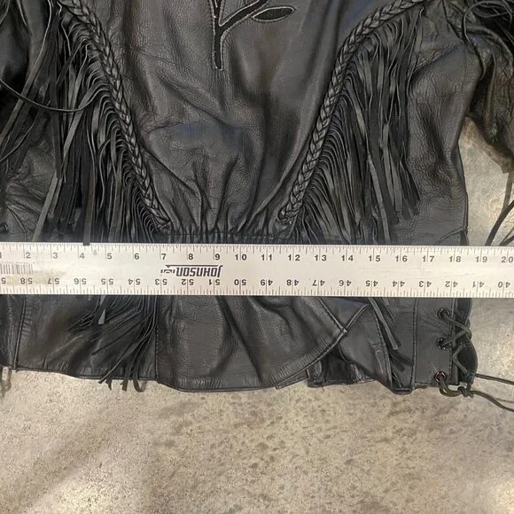 Black Leather Vintage Biker Jacket with Fringe and Rose Detail - Picture 12 of 13